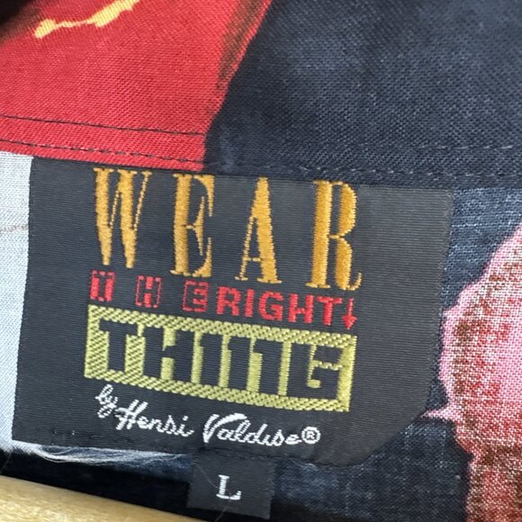 Wear the Right Thing by Hensi Valdise Shirt L Korea 90s Rayon Black Red Gold - Picture 4 of 5